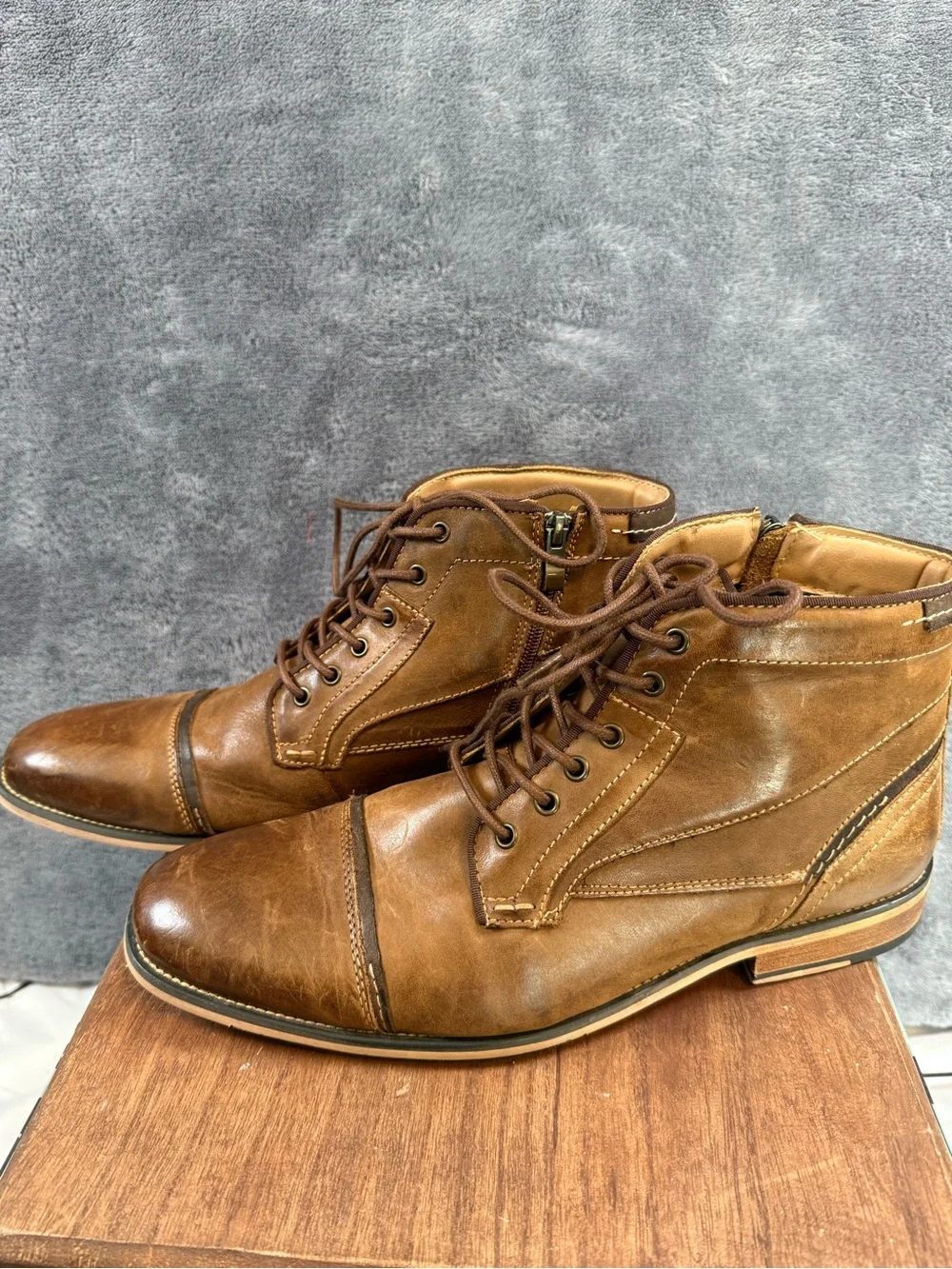 Steve Madden Tan Brown Leather Jeffries JEFR01M1 Lace-Up Boots 10